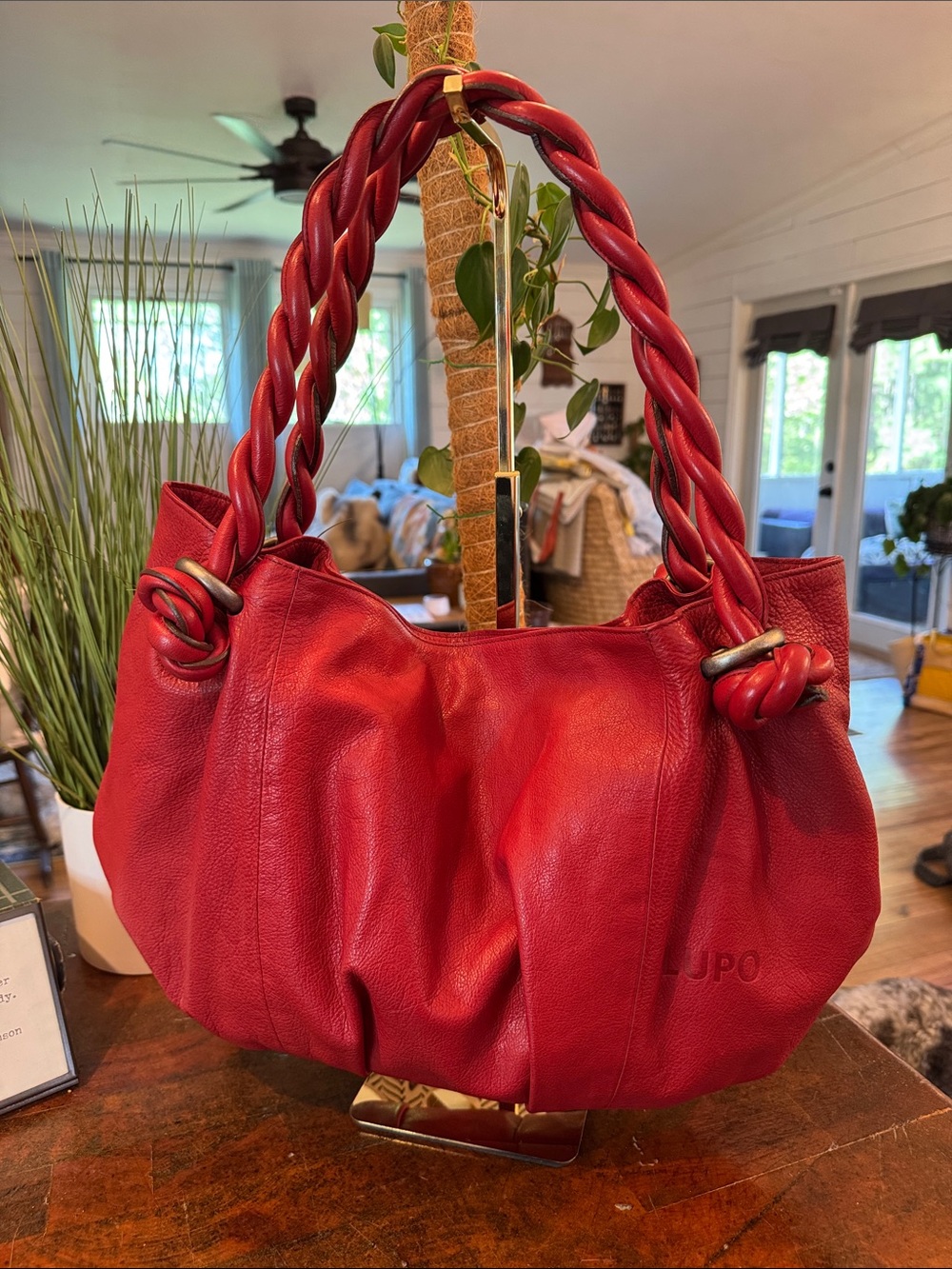 LUPO Barcelona Red Leather Hobo Tote - Signature Braided Strap Handbag